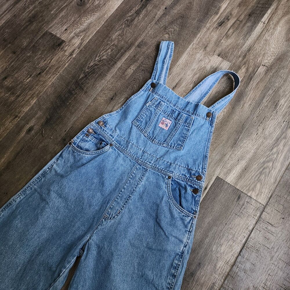 Vintage Levi's Overalls Pink Flower Patch Womens XL Light Blue Denim Bibs 90's